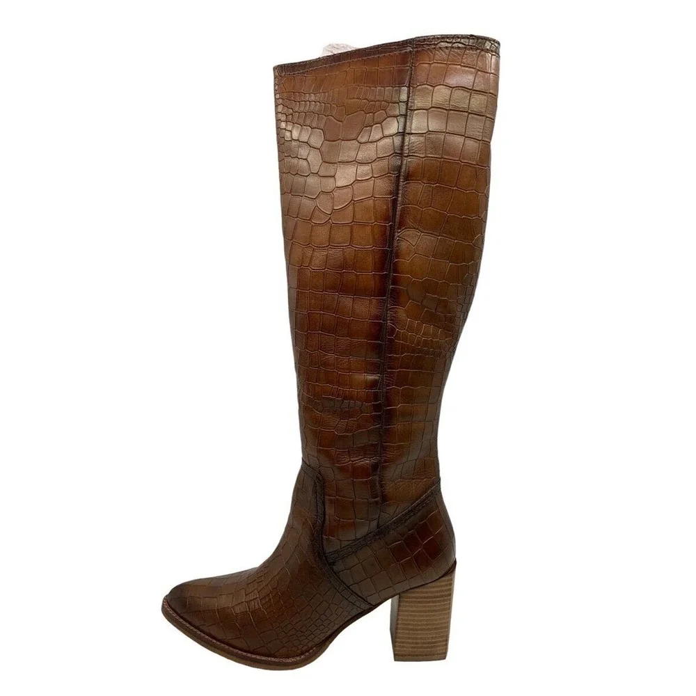 Diba True Do‎ Brown Crocodile Knee High Boots Stacked Heel Pointed Toe 10M